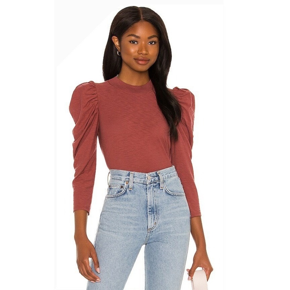 Nation LTD Zeta Mock Neck Top Women XS Rusted Rose Puff Sleeve Snap Back Preppy